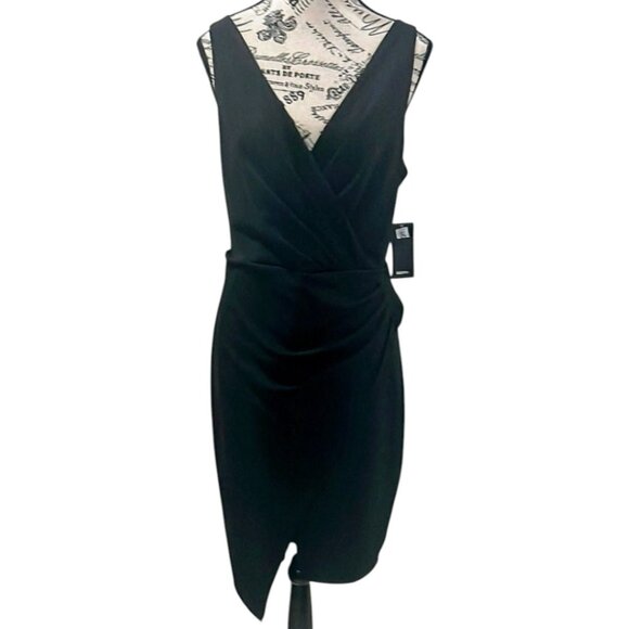 GUESS Black Asymmetrical Cocktail Dress Size XL Draped Ruched V-Neck NWT - Picture 1 of 10
